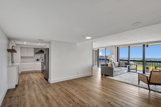 unfurnished living room with light hardwood / wood-style flooring, floor to ceiling windows, and sink