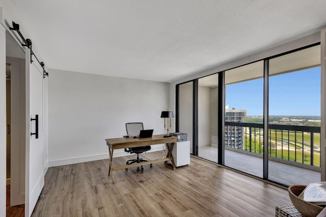 office with a barn door, light hardwood / wood-style floors, a textured ceiling, and a wall of windows