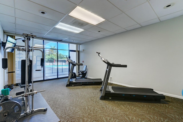 workout area with carpet flooring, a drop ceiling, and a wall of windows