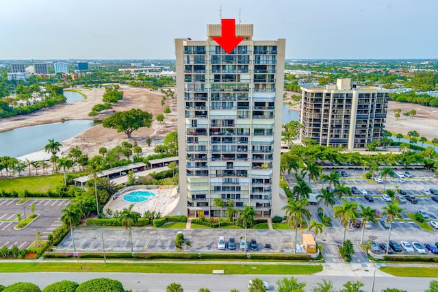 birds eye view of property featuring a water view