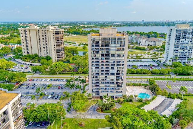 birds eye view of property featuring a water view