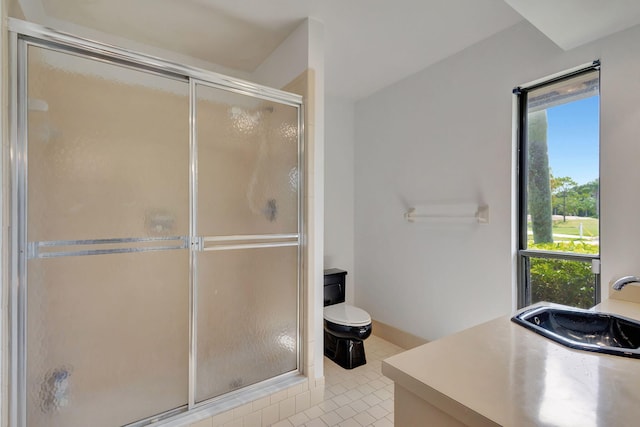 bathroom featuring vanity, toilet, tile patterned floors, and walk in shower