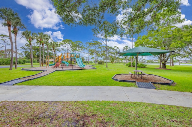 view of jungle gym with a yard