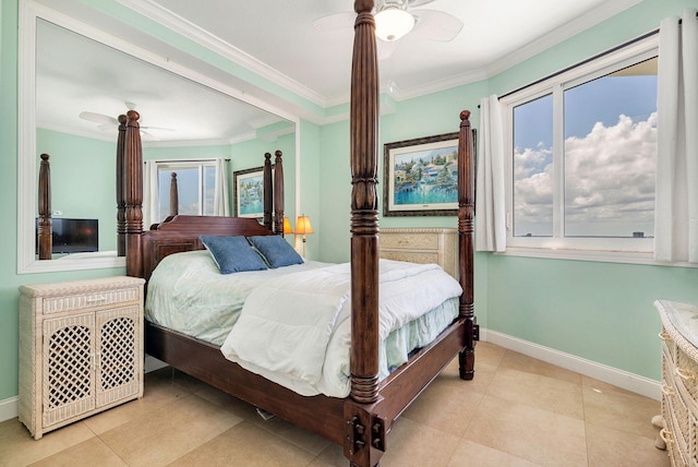 bedroom with light tile patterned floors, ceiling fan, and crown molding