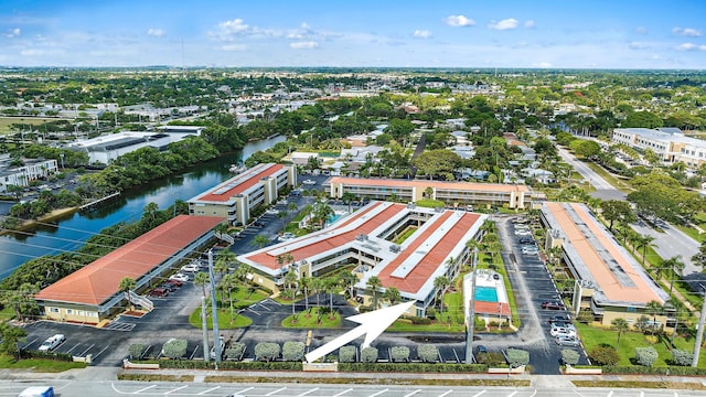 aerial view featuring a water view