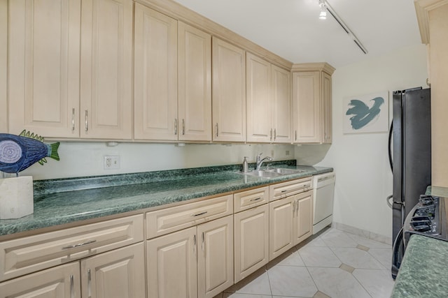 kitchen with dishwasher, stove, sink, light tile patterned flooring, and track lighting