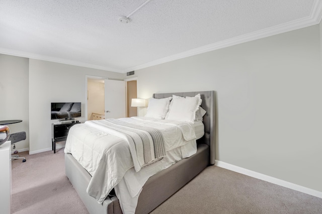 bedroom featuring light colored carpet, ornamental molding, and a textured ceiling