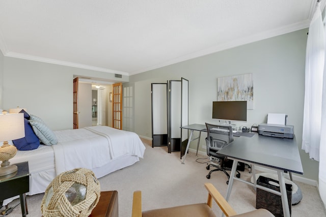 bedroom with ornamental molding, light colored carpet, and french doors