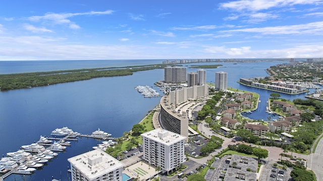 drone / aerial view featuring a water view