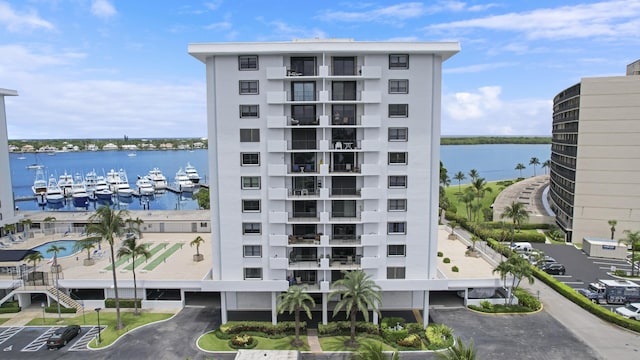 view of building exterior featuring a water view