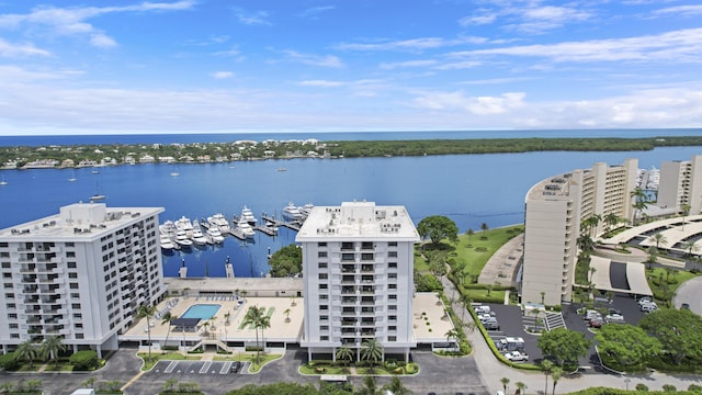 drone / aerial view featuring a water view