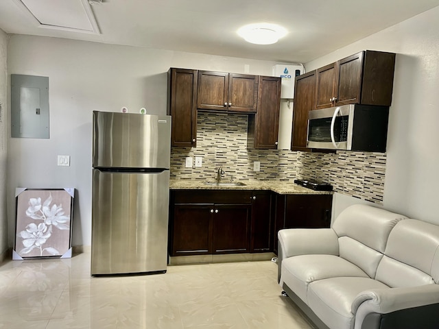 kitchen with electric panel, decorative backsplash, sink, and stainless steel appliances