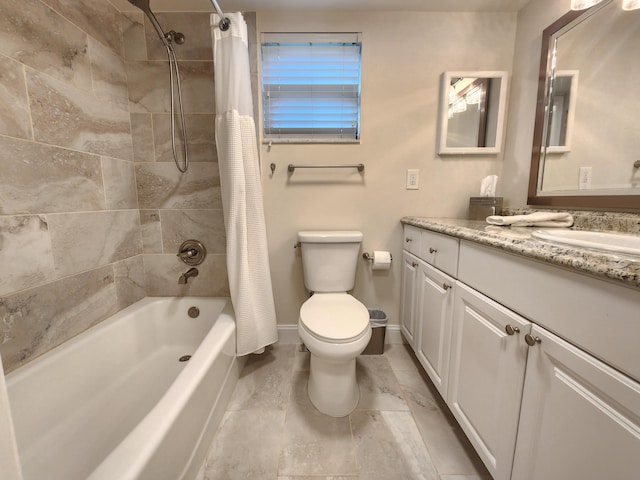 full bathroom featuring vanity, toilet, and shower / bathtub combination with curtain