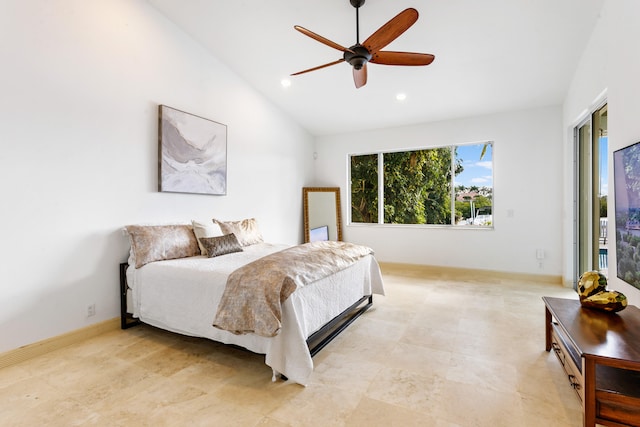 bedroom with ceiling fan and lofted ceiling