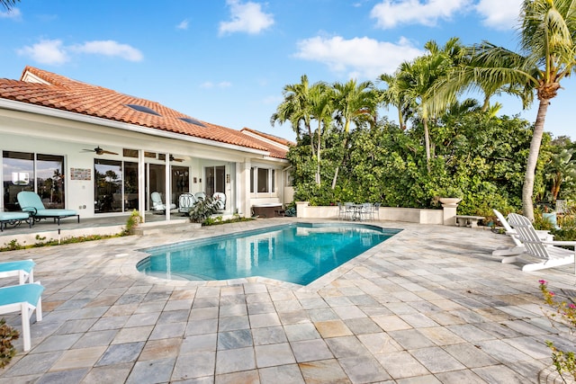 view of pool with ceiling fan and a patio