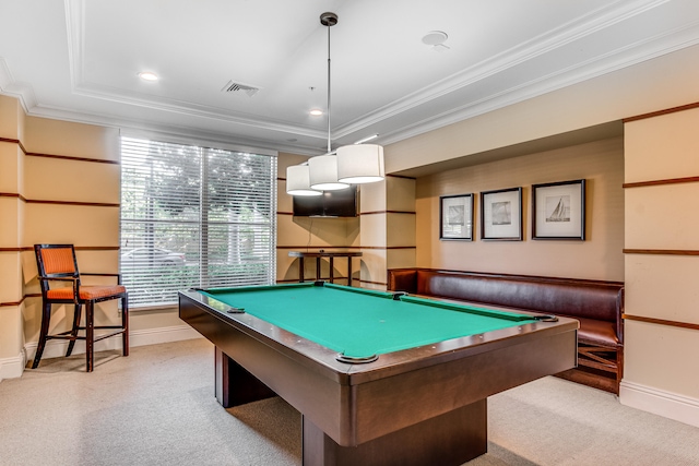 playroom with a tray ceiling, crown molding, billiards, and light colored carpet