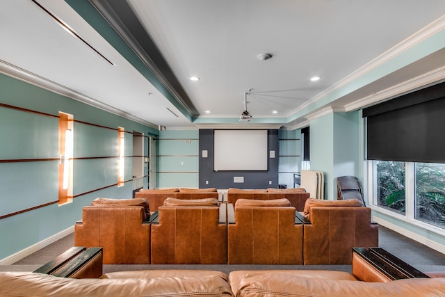 carpeted cinema featuring a tray ceiling and ornamental molding