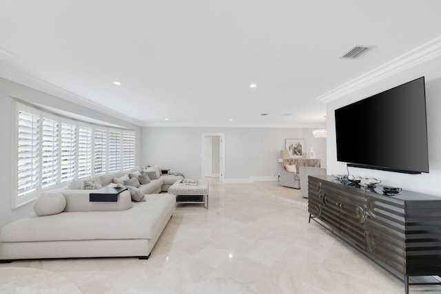 living room featuring crown molding