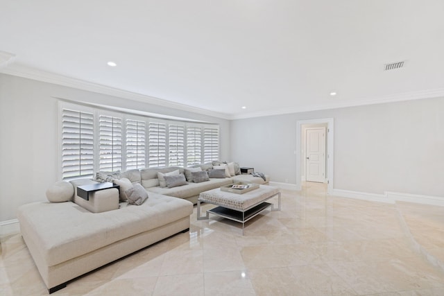 living room featuring crown molding