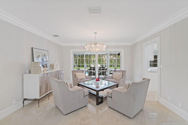 living room featuring a chandelier and crown molding