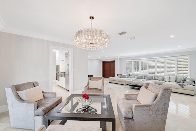 living room with crown molding and an inviting chandelier