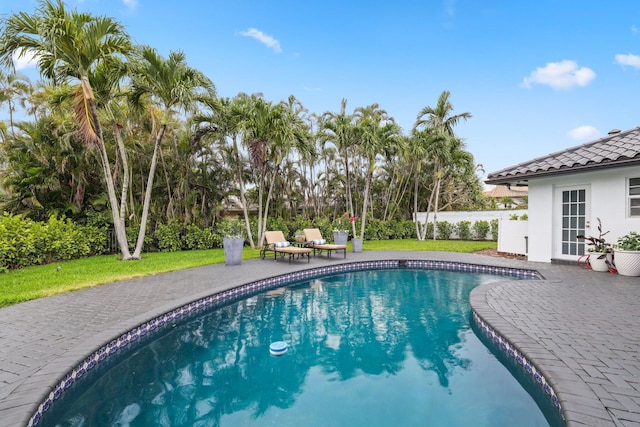 view of swimming pool with a patio area and a lawn