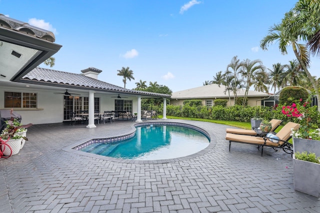 view of pool with ceiling fan and a patio