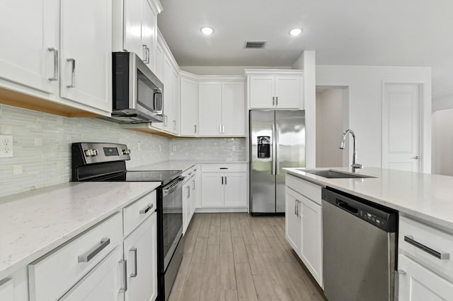 kitchen with white cabinetry, sink, and stainless steel appliances