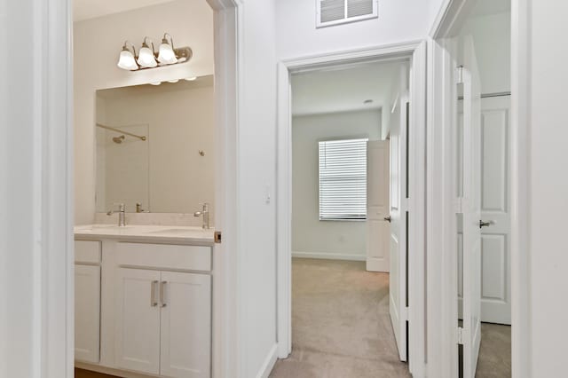 bathroom featuring a shower and vanity