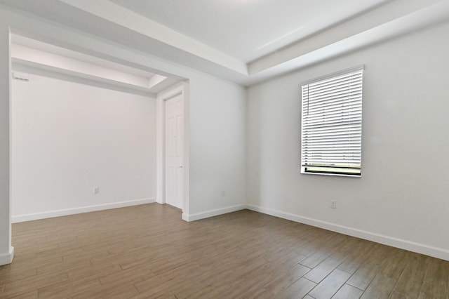 spare room featuring wood-type flooring and a raised ceiling