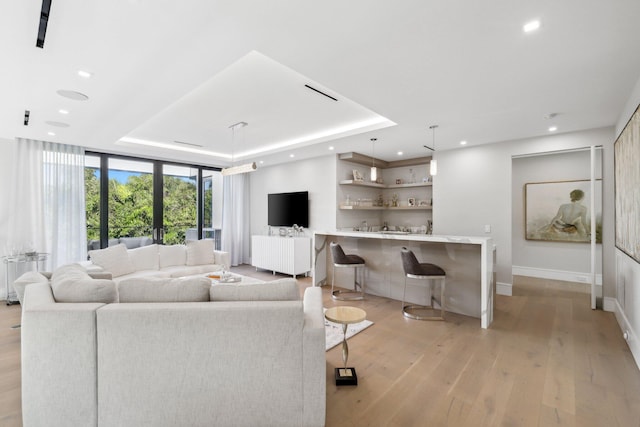 living room featuring french doors, a tray ceiling, and light hardwood / wood-style flooring