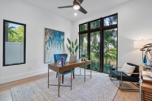 office space with light hardwood / wood-style floors and ceiling fan