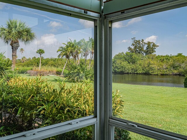 interior space featuring a water view