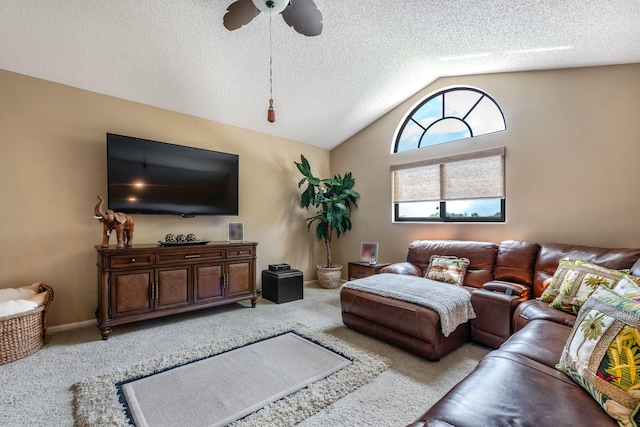 living room with light carpet, lofted ceiling, ceiling fan, and a textured ceiling