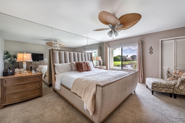 bedroom with light colored carpet and ceiling fan