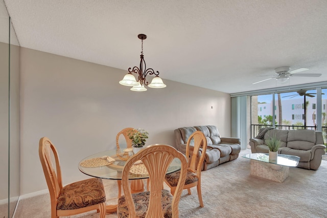 dining room with carpet, a textured ceiling, and a wall of windows