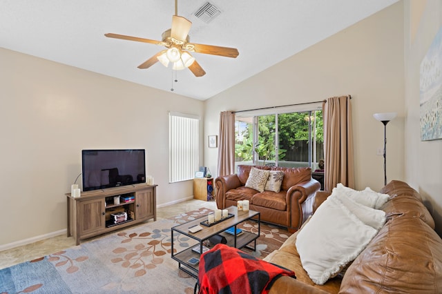 tiled living room with ceiling fan and lofted ceiling