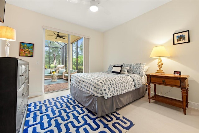 bedroom with ceiling fan and access to outside