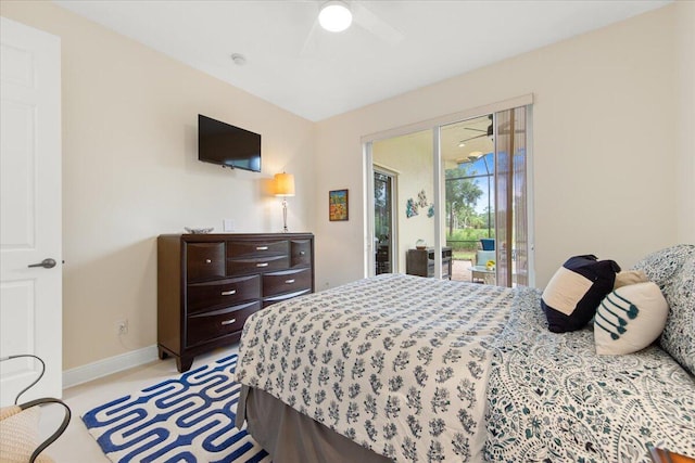 carpeted bedroom featuring access to outside and ceiling fan