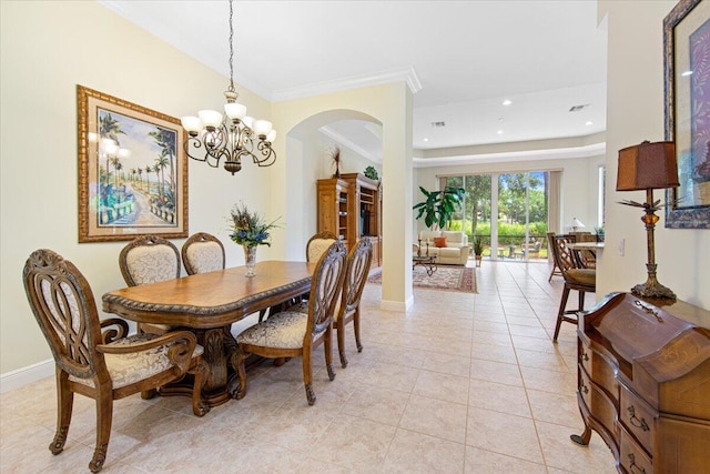 tiled dining area with ornamental molding and a notable chandelier