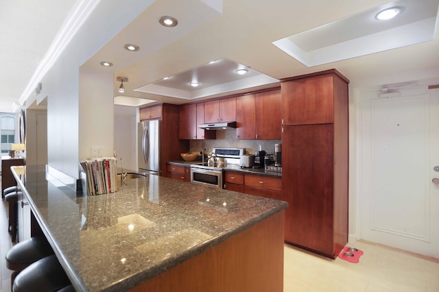 kitchen featuring a spacious island, tasteful backsplash, stainless steel appliances, and a tray ceiling