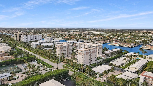 aerial view featuring a water view