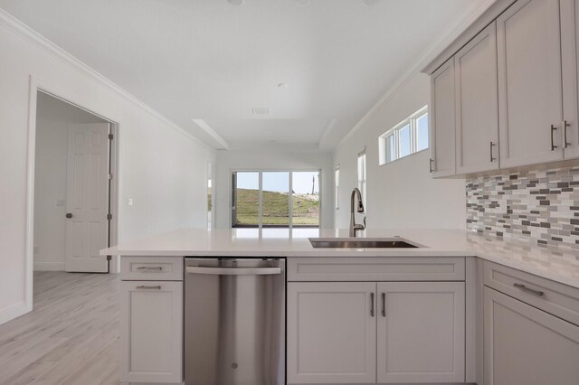 kitchen featuring backsplash, crown molding, sink, stainless steel dishwasher, and kitchen peninsula