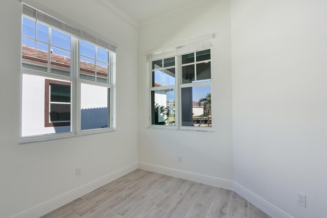 spare room featuring light wood-type flooring and ornamental molding