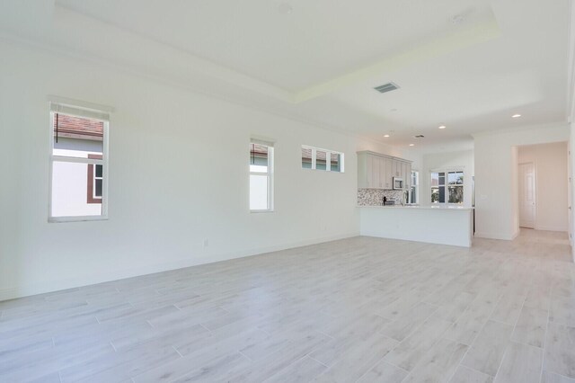 unfurnished living room featuring a raised ceiling