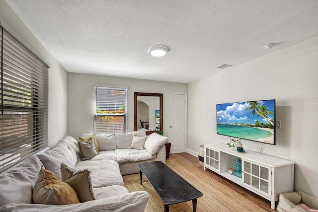 living room featuring a textured ceiling and light hardwood / wood-style floors