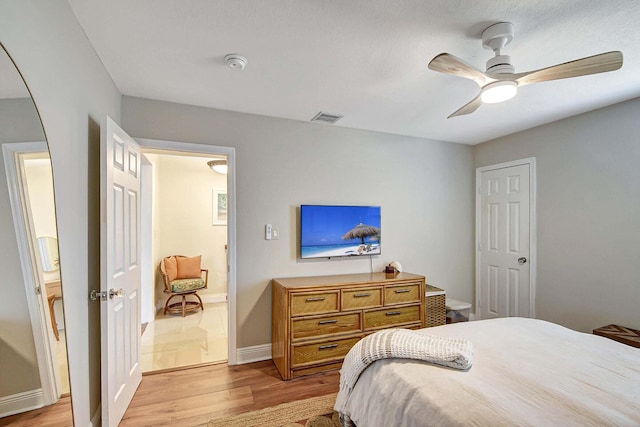 bedroom featuring ceiling fan and light hardwood / wood-style floors