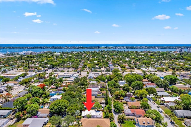 aerial view featuring a water view