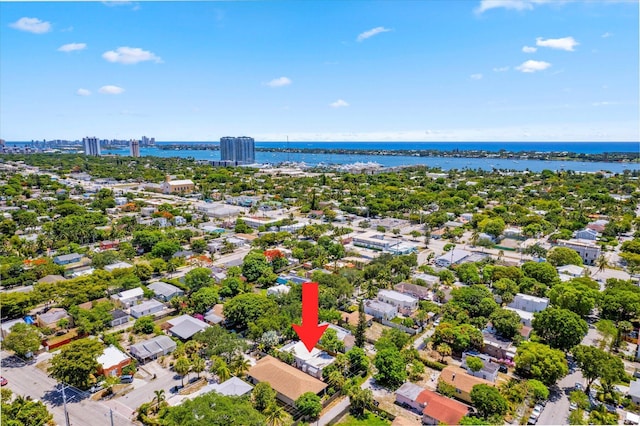 drone / aerial view with a water view