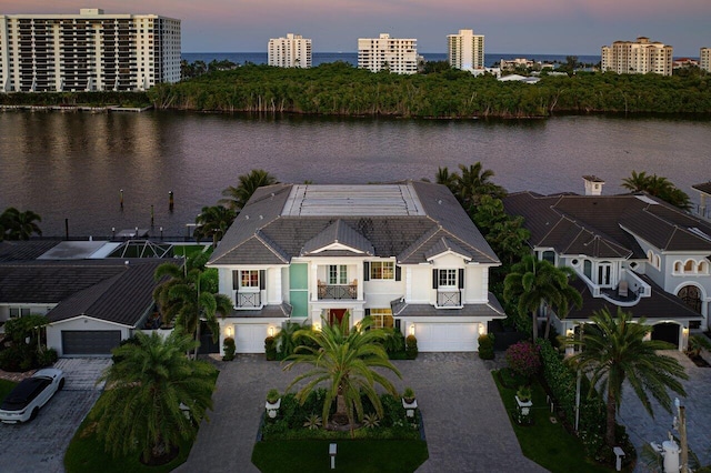 drone / aerial view with a water view